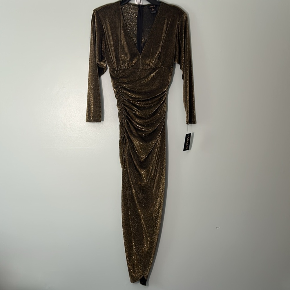 Alexa B Nites 4 Dress Ruched Gold Glam Glitter Mesh Maxi Dress Gown VNeck NWT